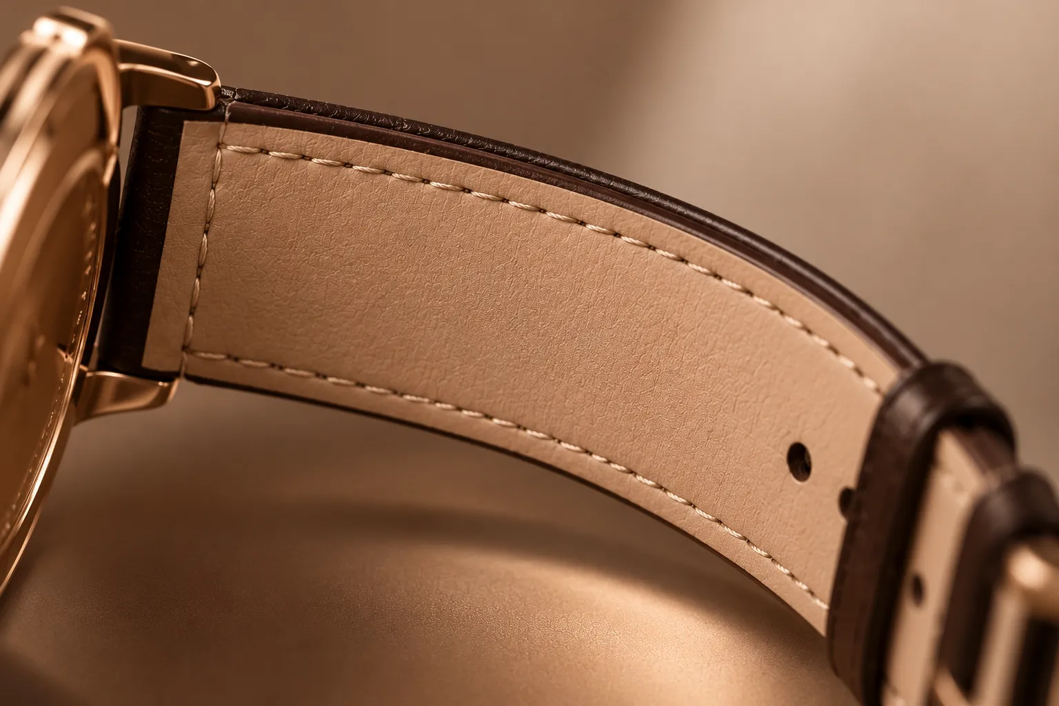 Close-up of a leather strap lining and stitching